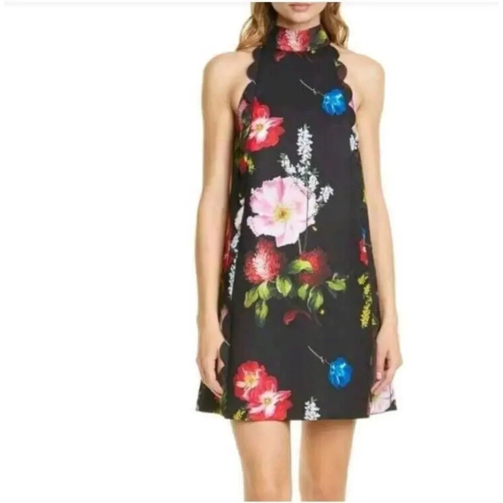 Ted‎ Baker Tanii Black Floral Scallop Shift Dress Halter Neckline Zip Up Size 2